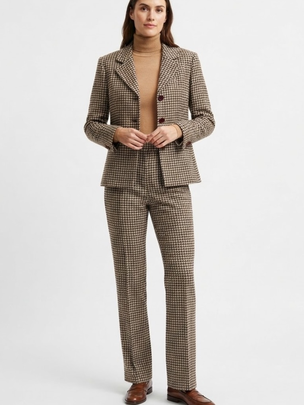 Vintage Handmade Wool Houndstooth Pant Suit Set Sz 12 / M Louben Vanity Fair